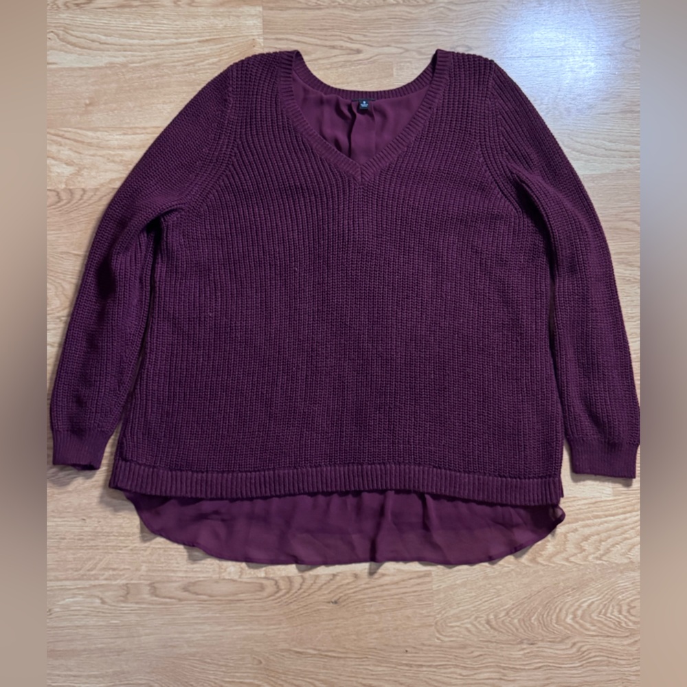 Torrid Deep Burgundy Sweater with Sheer Fabric Details & Bow in Back, Size 3